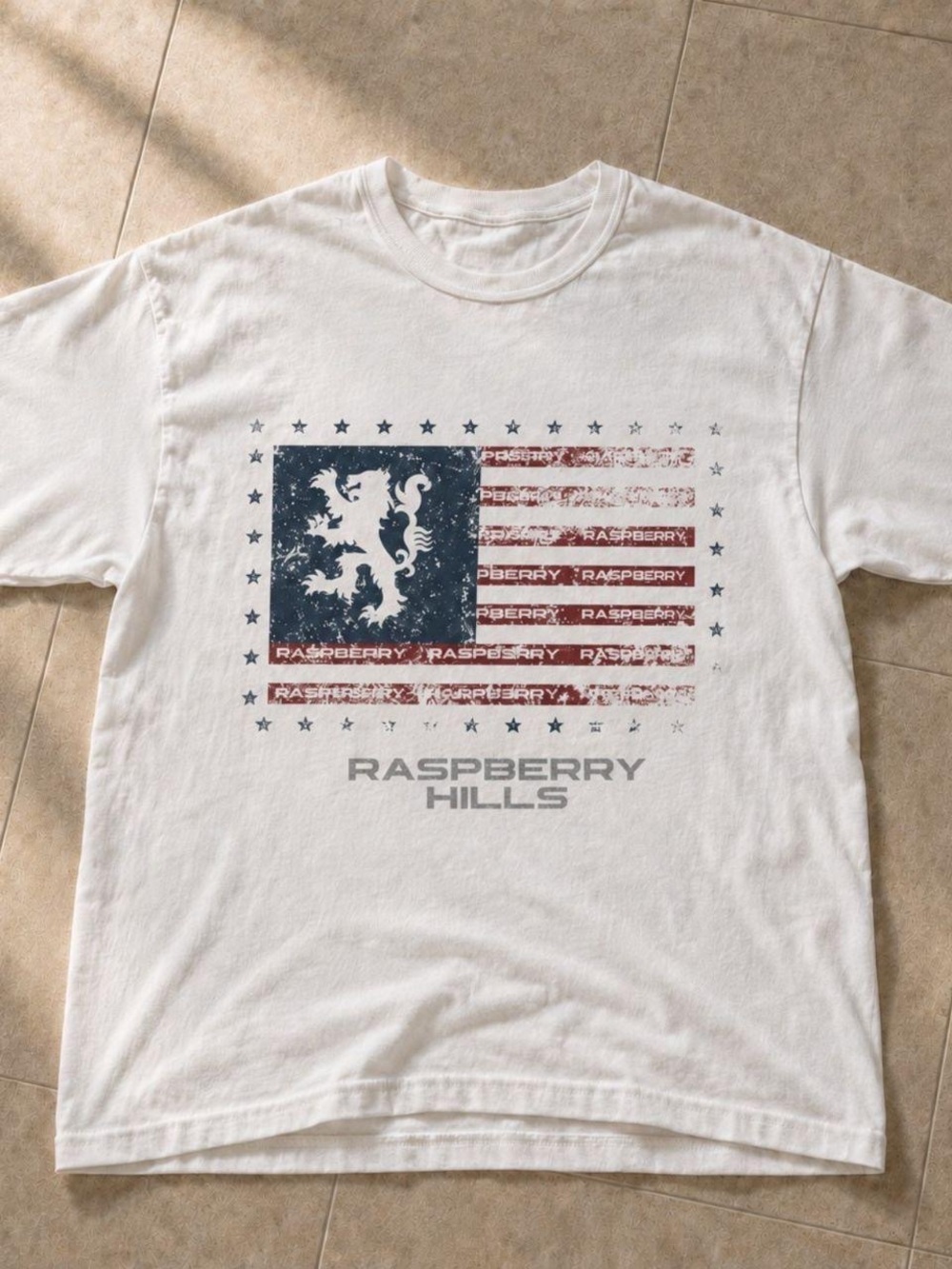 Gildan White Short-Sleeve Tee with Distressed Red & Blue Flag Graphic